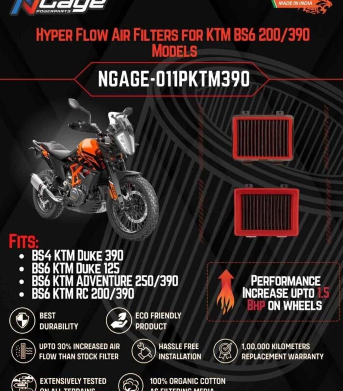 Hyper Flow Air Filter For KTM BS4 Duke 390 / BS6 Duke 125 / BS6 ADV250/ 390 / BS6 RC200 / 390 - Ngage